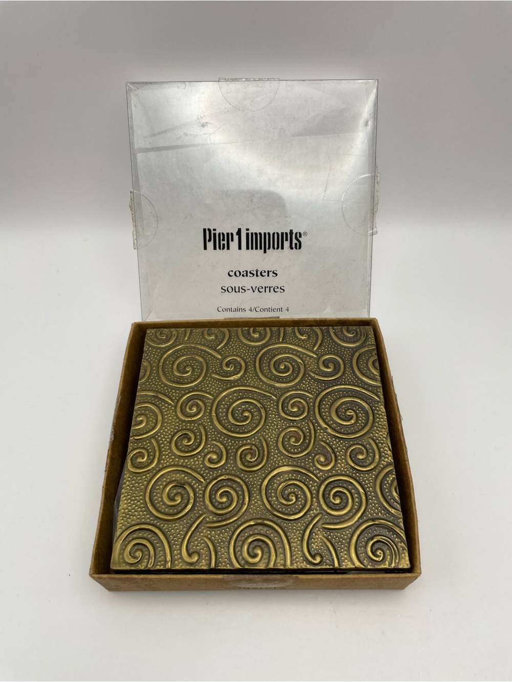 Pier 1 Imports, Embossed Metal Coasters, Bronze-toned Swirl Pattern, 4x4, India